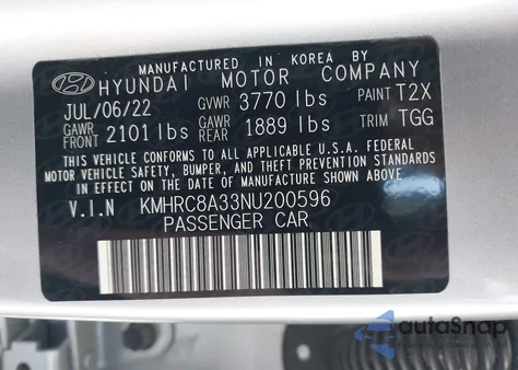 2022 Hyundai Venue Sel из США, поврежденный, VIN KMHRC8A33NU200596